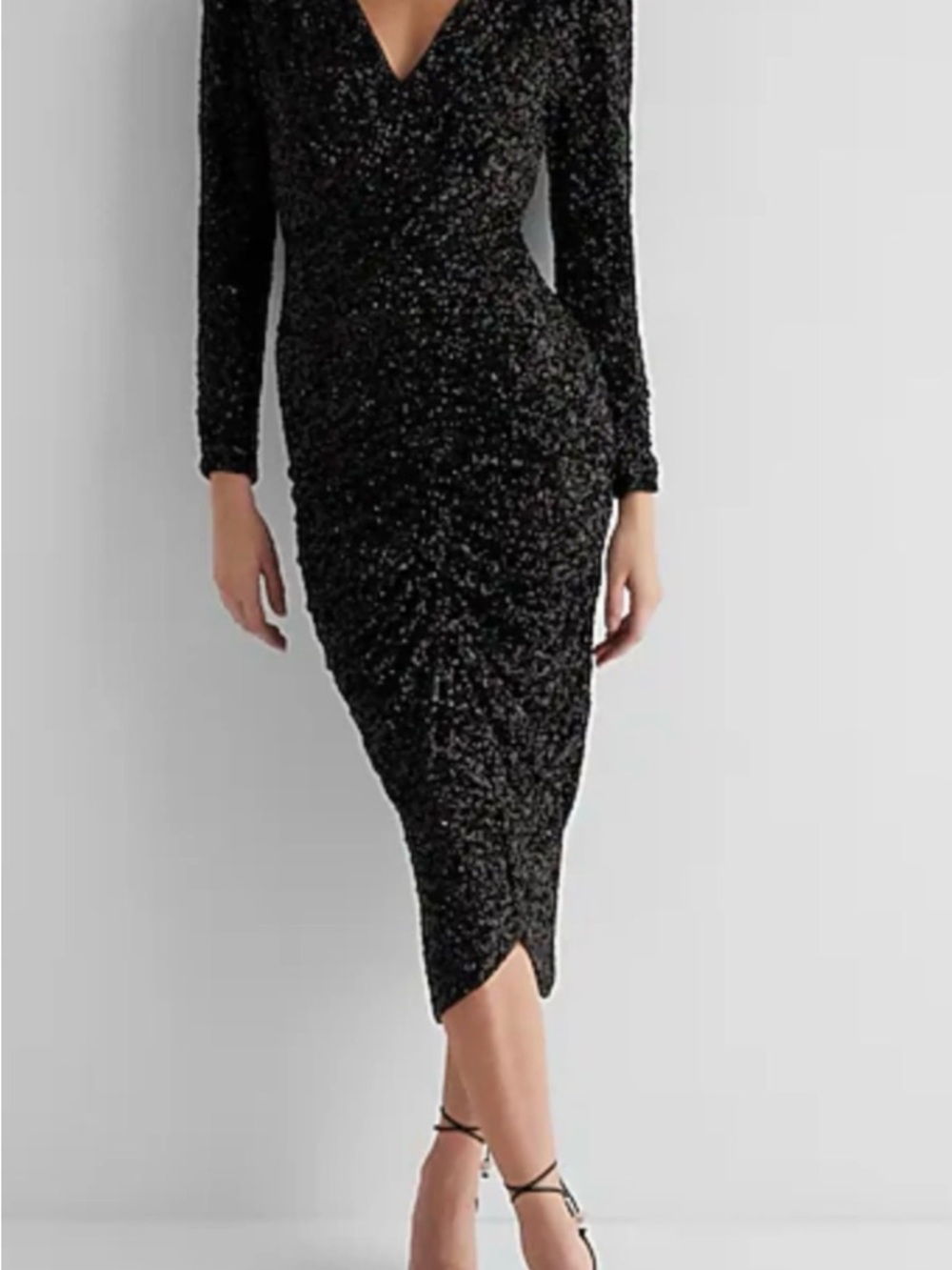 Black Sequin V-Neck semi-formal Dress with Long Sleeves
